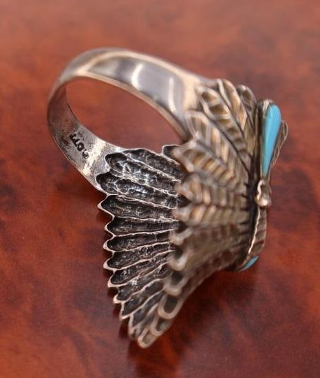 Sterling Silver Chief Head and Saddle Ring - 7