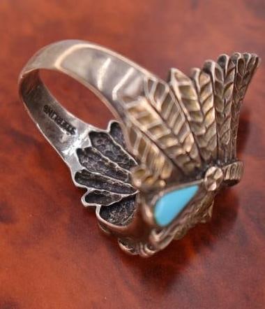 Sterling Silver Chief Head and Saddle Ring - 8