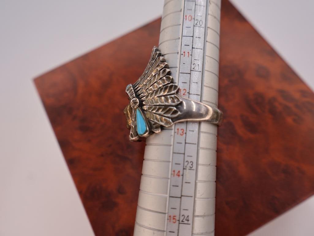 Sterling Silver Chief Head and Saddle Ring - 9