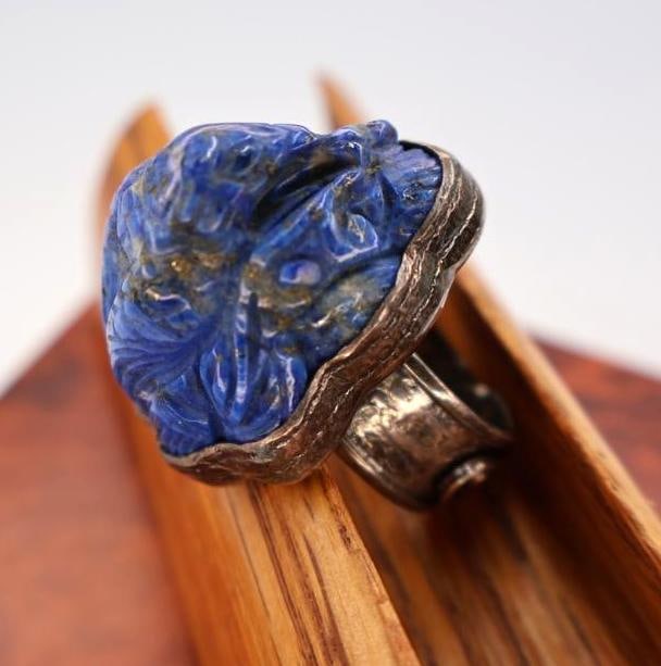 Large Lapis Lazuli Sterling Silver Bird Statement Ring by Sally Bass: Carved lapis lazuli bird nestled in 925 sterling silver marked ring that is adjustable, made by Sally Bass marked on back
