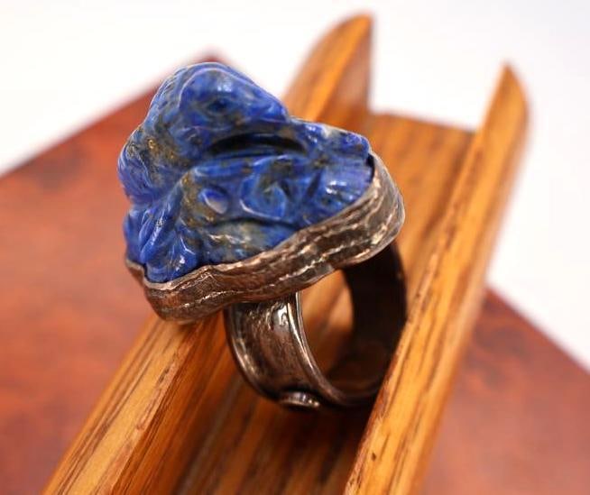 Large Lapis Lazuli Sterling Silver Bird Statement Ring by Sally Bass - 3