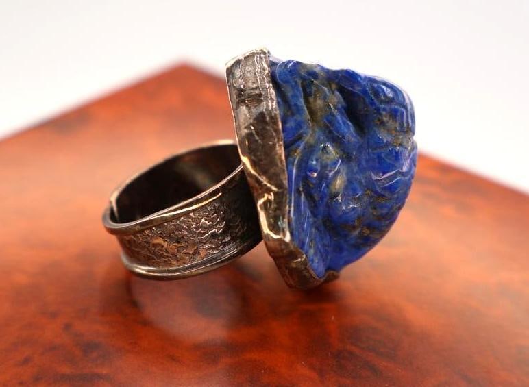 Large Lapis Lazuli Sterling Silver Bird Statement Ring by Sally Bass - 6