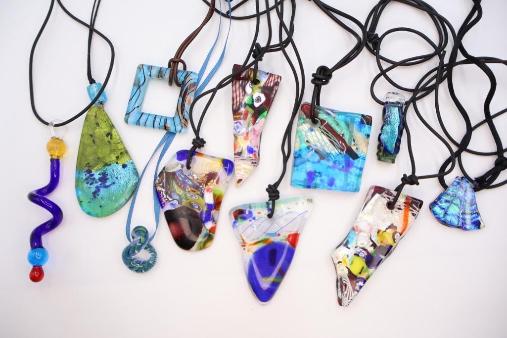 Large Lot of Artisan Glass Pendants on Cloth Necklace: Some include artist's signature on back