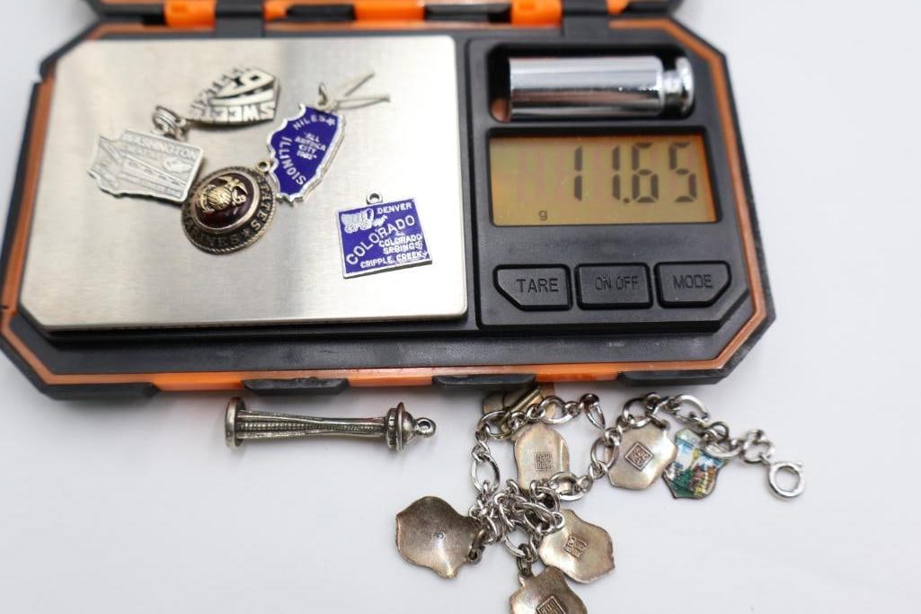 Sterling Silver Charm Bracelet and Loose Charms - 9