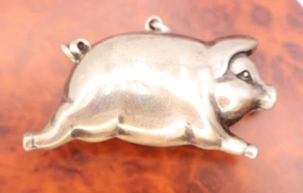Large Vintage Puffy Pig Sterling Silver Pendant: About 2.5 inches long