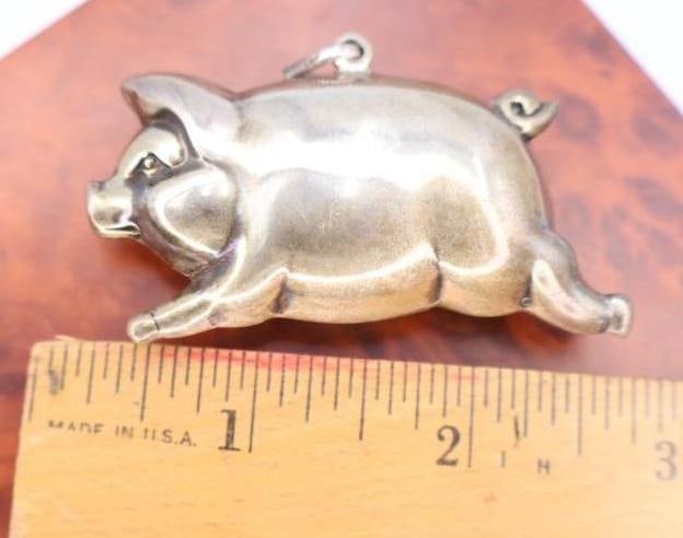 Large Vintage Puffy Pig Sterling Silver Pendant - 2