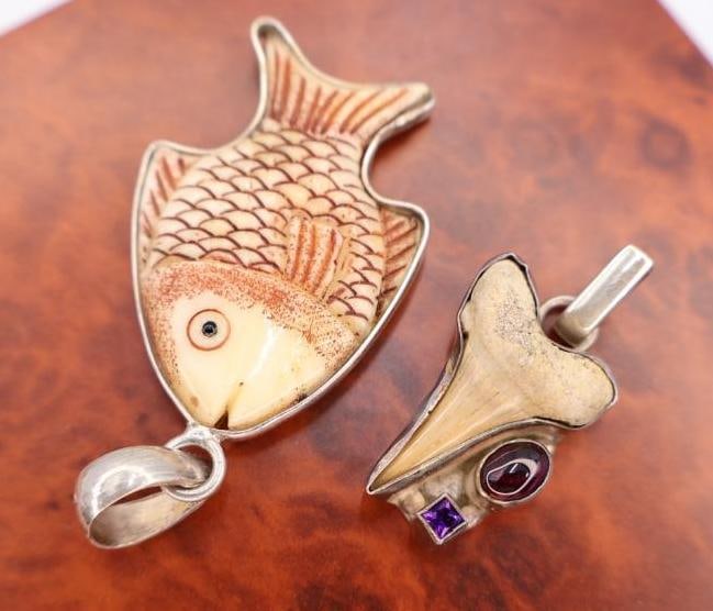Sterling Silver Shark Tooth Pendant and Fish: Marked 925 on both