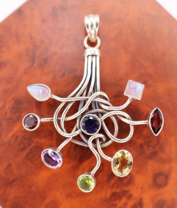 Lage Multi Semi Precious Stone Pendant: Measuring almost 3 inches long, marked 925
