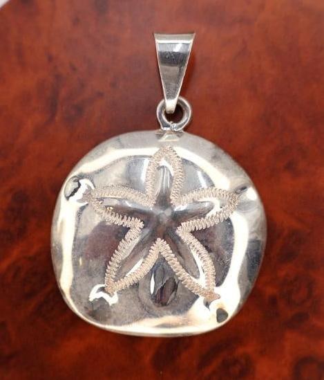 Large Sterling Silver Puffy Sand Dollar Pendant: About 2 inches long, 925 Mexico