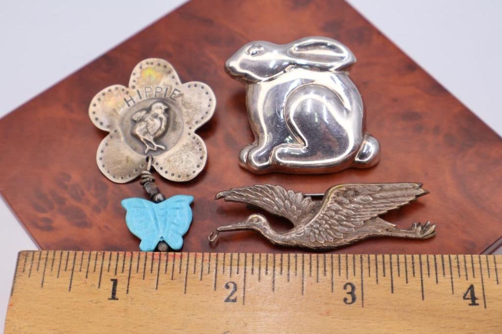 Three Sterling Silver Rabbit and bird Brooches - 2