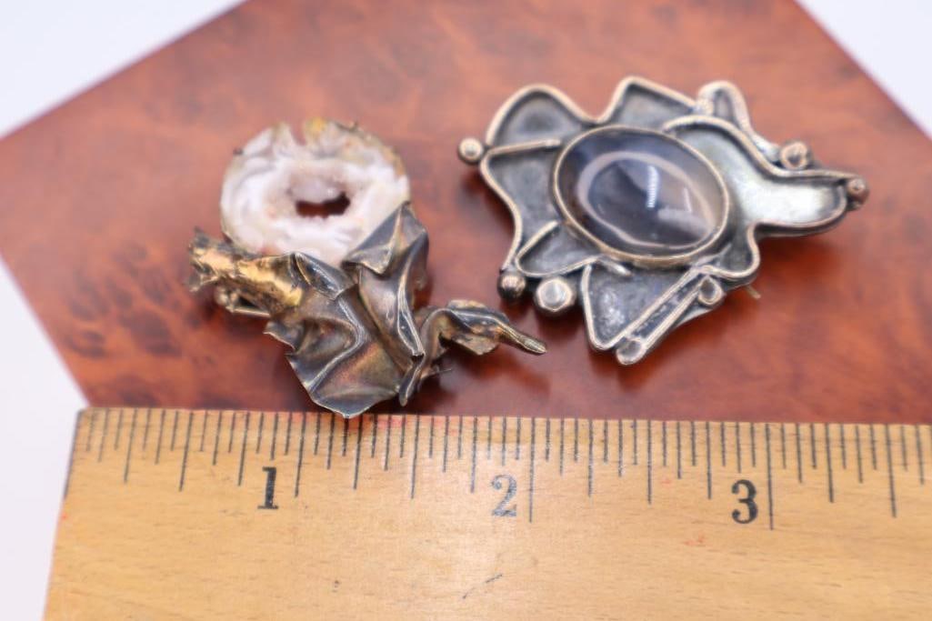 Sterling Silver Organic Geode Brooch and Blue Agate Gem Brooch - 2