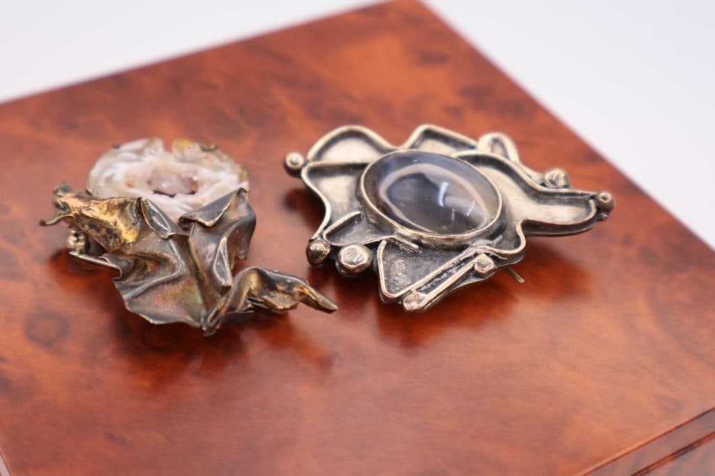 Sterling Silver Organic Geode Brooch and Blue Agate Gem Brooch - 3