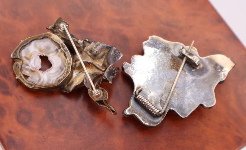 Sterling Silver Organic Geode Brooch and Blue Agate Gem Brooch - 4