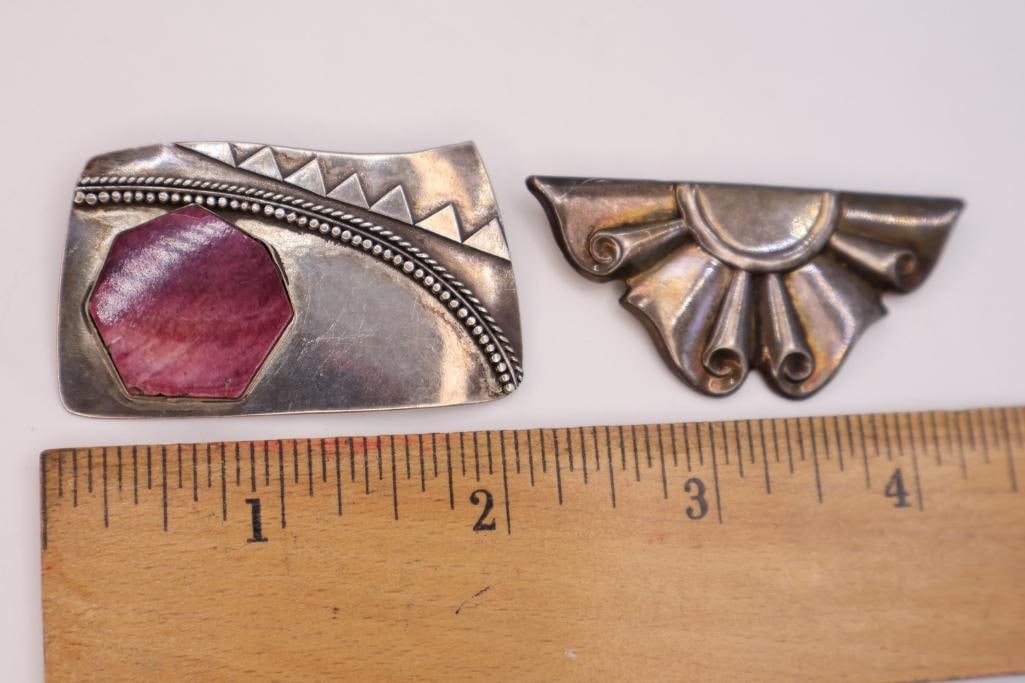 Vintage Sterling Spiny Oyster Shell Pin and Scrolled Ribbon Pin - 2