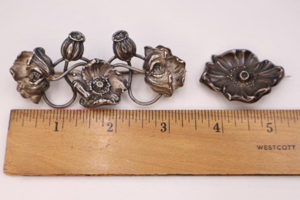 Two Vintage Art Nouveau Style Floral Pins - 2