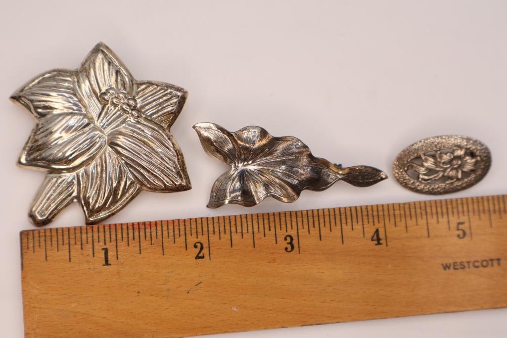Three Vintage Sterling Silver Floral Pins - 3