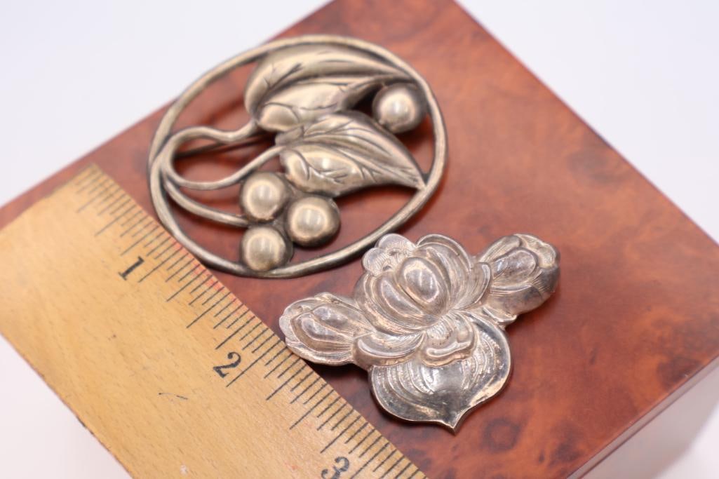 Sterling Silver Floral Pin and Lovely Leaf Pin - 2