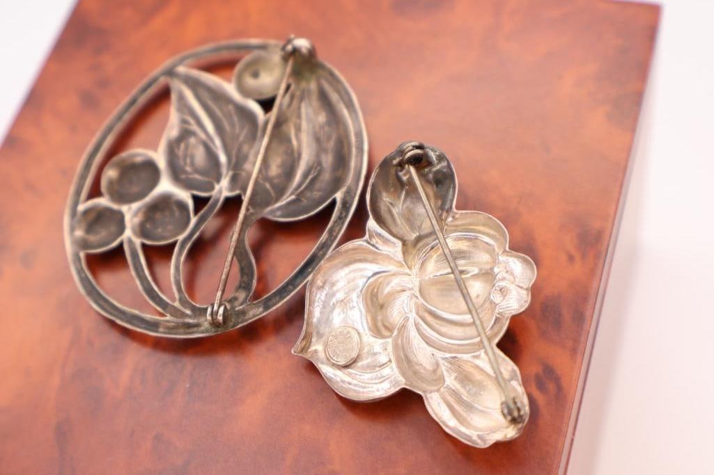 Sterling Silver Floral Pin and Lovely Leaf Pin - 3