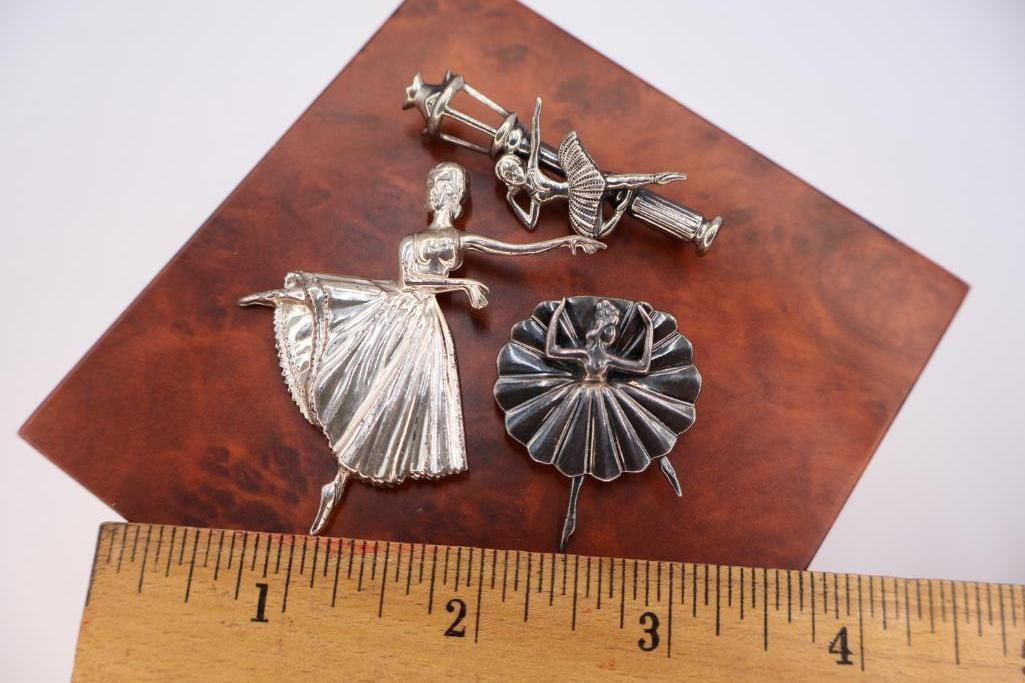 Three Ballerina Dancers Sterling Silver Pins - 2