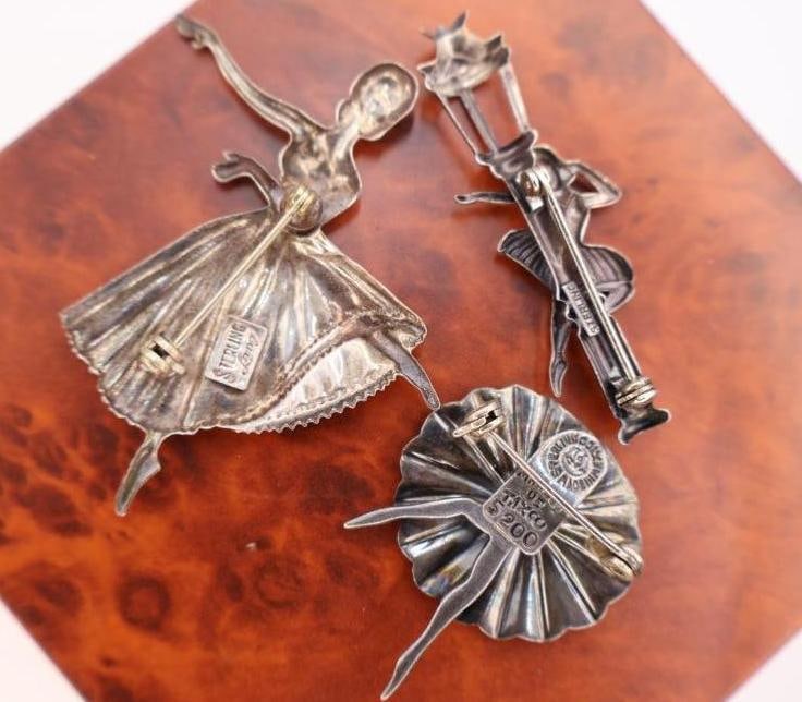 Three Ballerina Dancers Sterling Silver Pins - 3