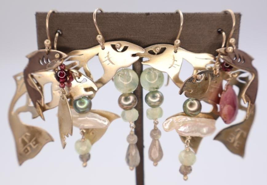 Three Pairs of Sterling Silver Fish/Salmon Earrings: Silver fish earrings featuring beads and freshwater pearls adornments, weights include total earrings and not all parts may be sterling