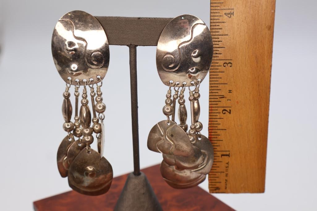 Vintage Large Ornate Silver Earrings - 2