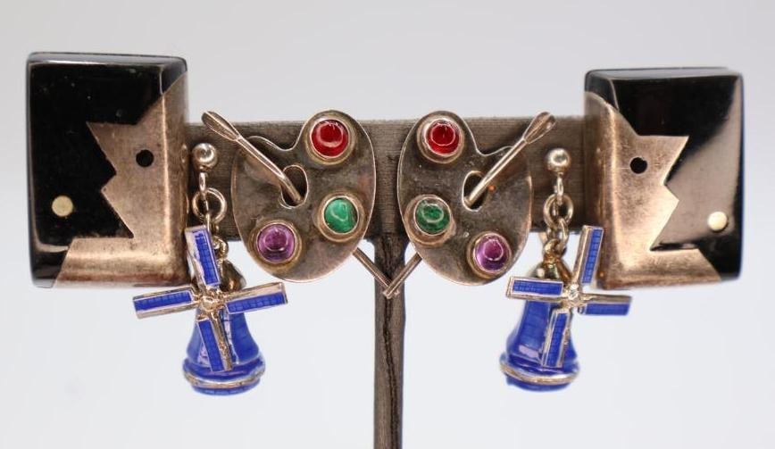 Three Sets of Vintage Clip-on Earrings: Two marked, clip on black rectangular and the painter's screw back earrings