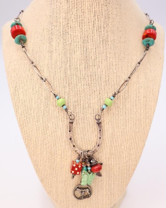 Artisan 'Lucky Horseshoe' Sterling Silver and Mixed Media Necklace - 2
