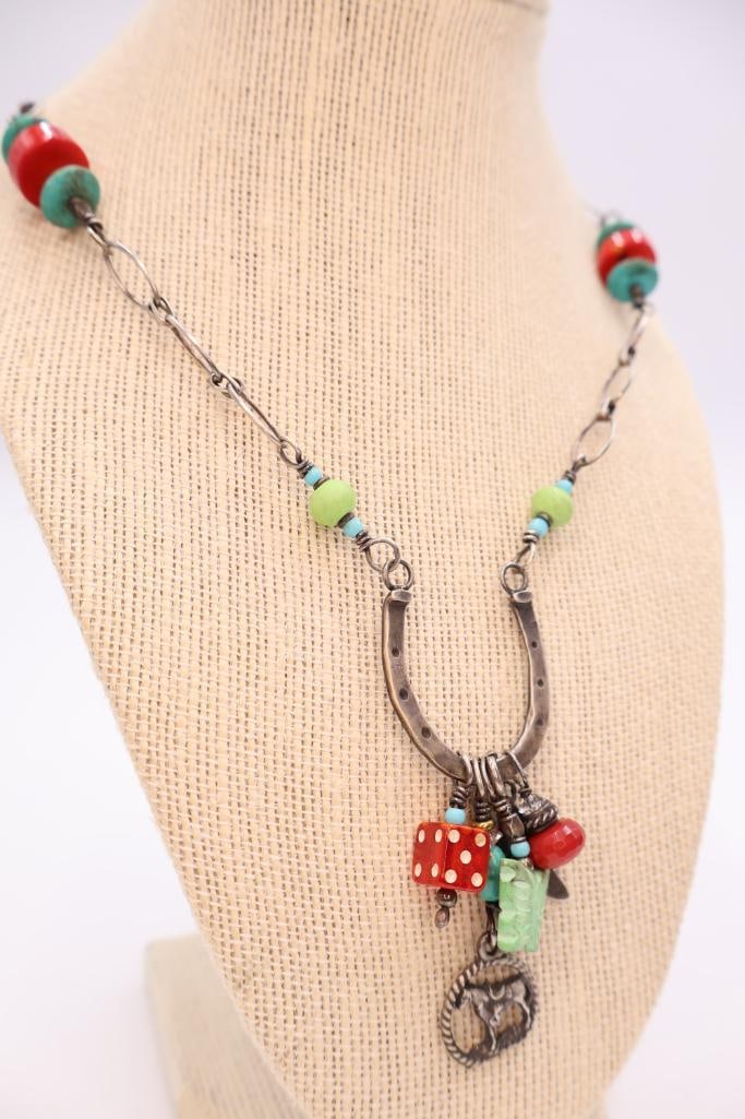 Artisan 'Lucky Horseshoe' Sterling Silver and Mixed Media Necklace - 3