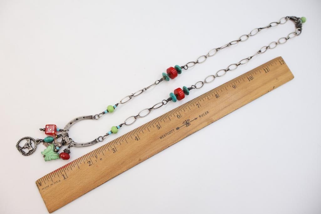 Artisan 'Lucky Horseshoe' Sterling Silver and Mixed Media Necklace - 4