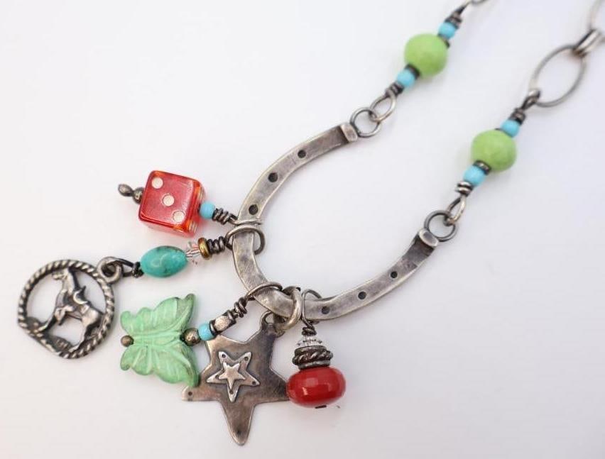 Artisan 'Lucky Horseshoe' Sterling Silver and Mixed Media Necklace - 6