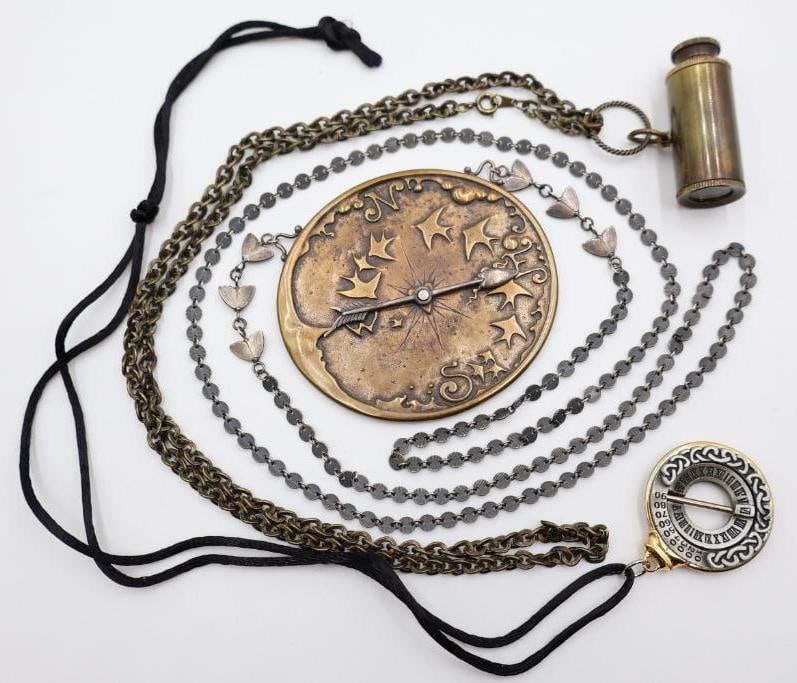 Remarkable Compass and Telescope Necklaces: Artisan made large multi-metal compass with unique chain featuring small moths and discs, Shepherd's Watch explorer pendant sundial necklace, and vintage small telescope necklace