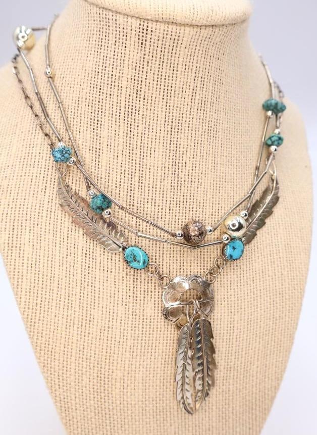 Sterling Silver Marked Ornate Feather Necklace and Beaded Necklace (1 of 9)