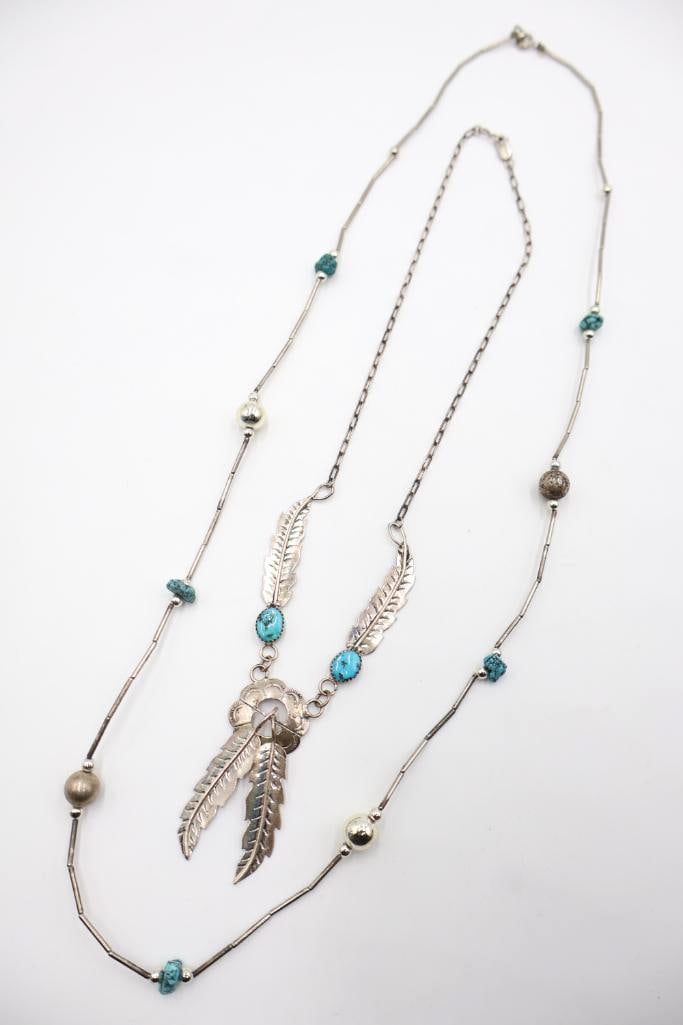 Sterling Silver Marked Ornate Feather Necklace and Beaded Necklace - 2