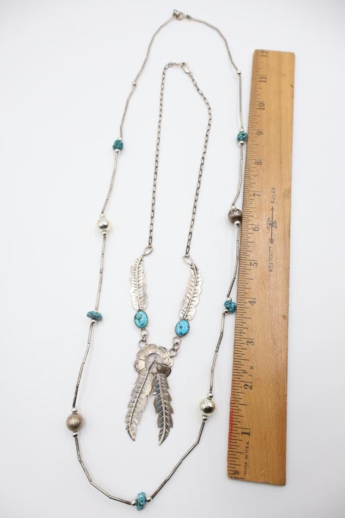 Sterling Silver Marked Ornate Feather Necklace and Beaded Necklace - 3