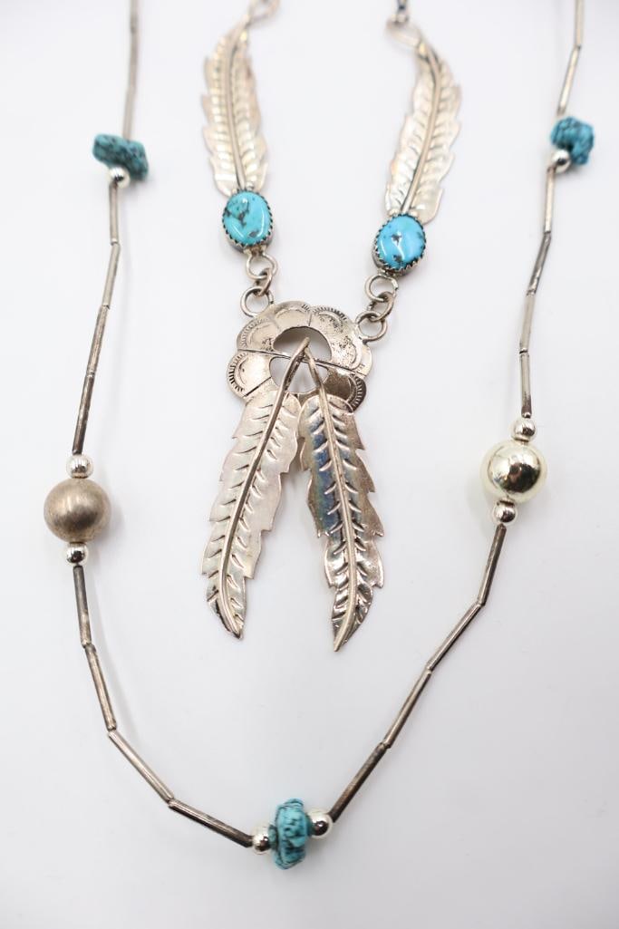 Sterling Silver Marked Ornate Feather Necklace and Beaded Necklace - 4