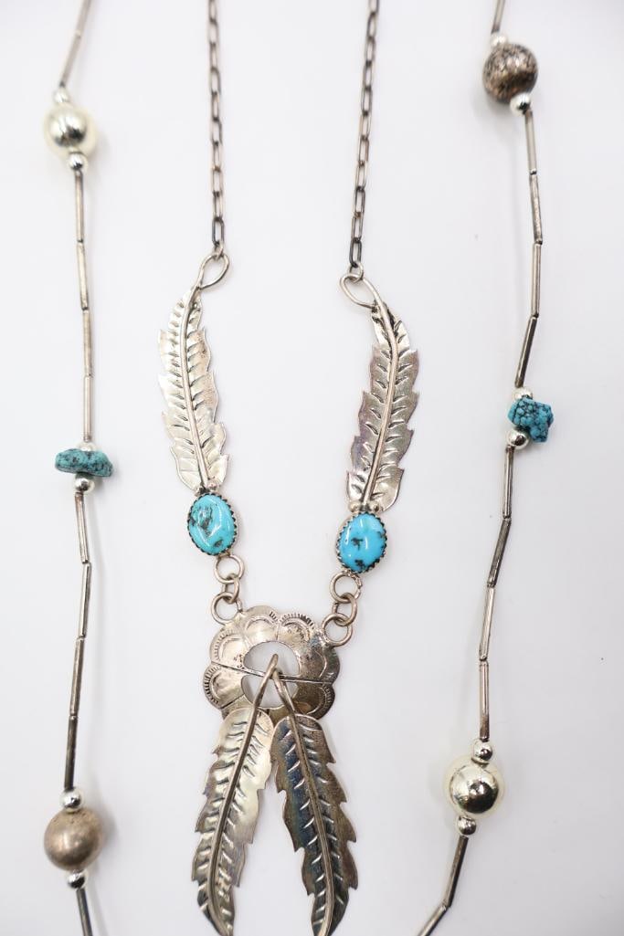 Sterling Silver Marked Ornate Feather Necklace and Beaded Necklace - 5