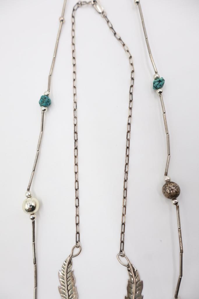 Sterling Silver Marked Ornate Feather Necklace and Beaded Necklace - 6