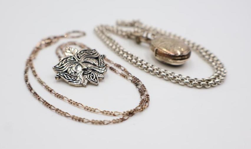 Two Sterling Silver Celtic Green Man and Locket Necklaces - 2