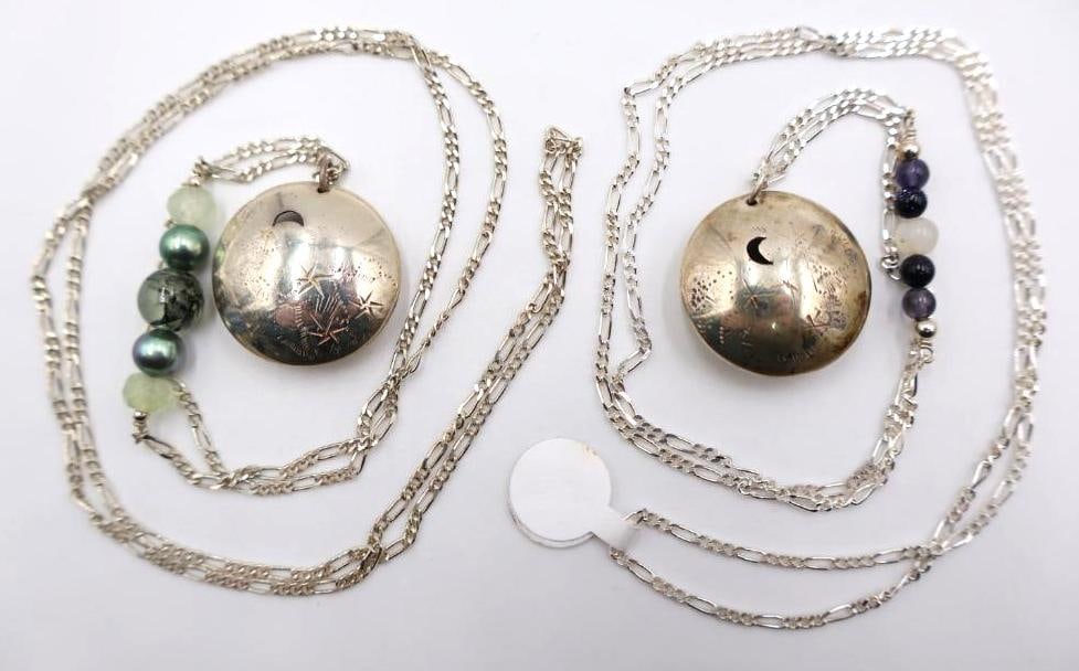 Two Constellation Cutout Necklaces with Glass Bead Accents: Unmarked, but pendants and chains are nonmagnetic
