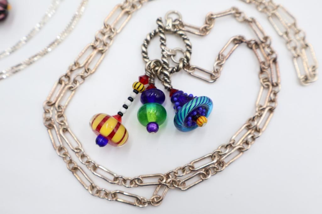 Two Glass Bead Necklaces on Sterling Silver Chains - 2