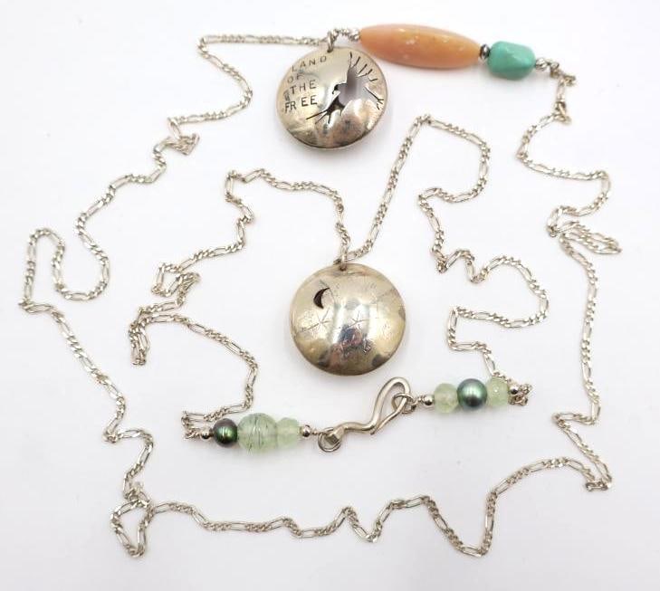 Constellation and Land of the Free Cut Out Necklaces with Beaded Accents: Unmarked, but pendants and chains are nonmagnetic