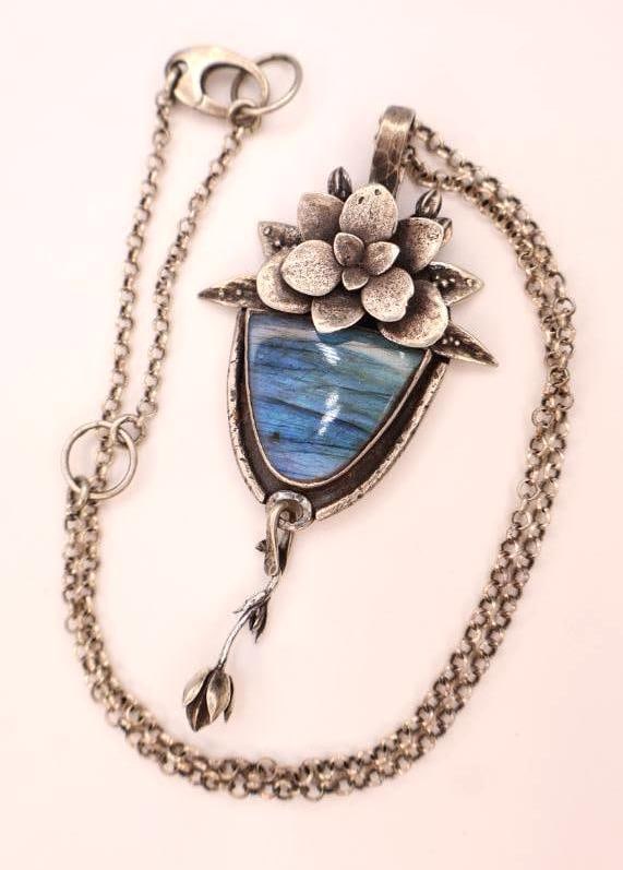 Handmade Flower Labradorite Sterling Necklace: Marked 'HP 925' on back, features dangling rose under the pendant and large piece of labradorite