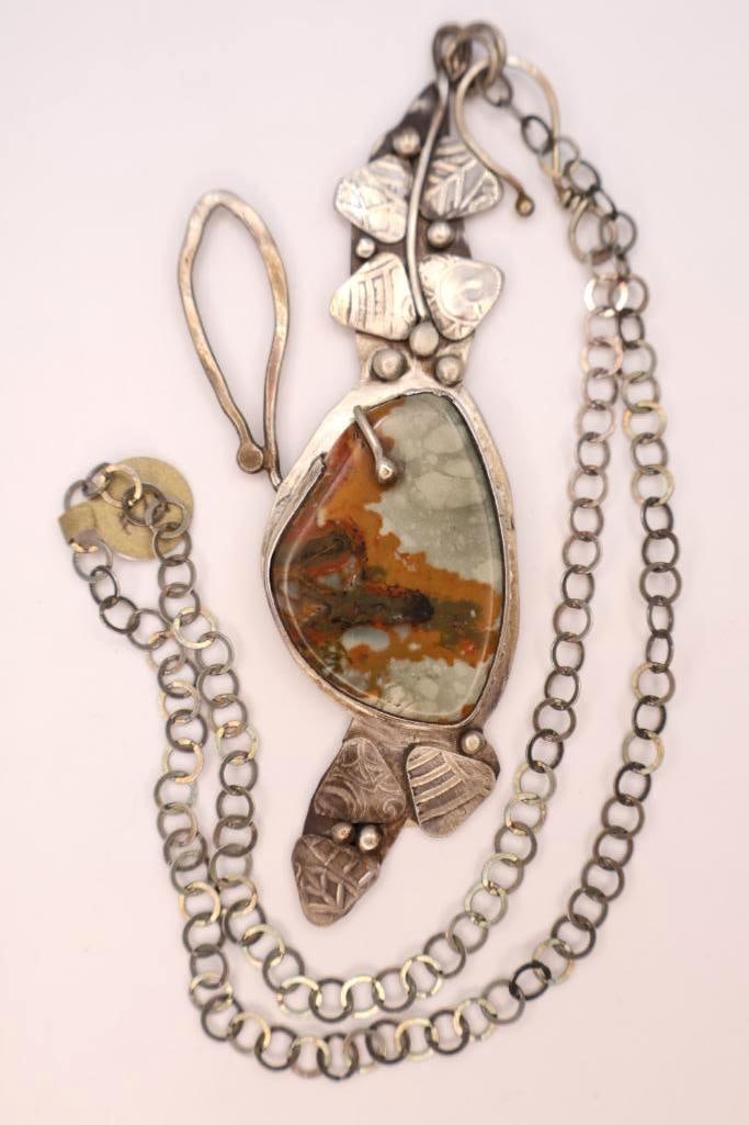 Lovely Large Sterling Silver Jasper Statement Necklace: Tag states 'Wild Horse Jasper, Sterling Silver', pendant measuring over 4" tall and the stone about 1.5" long