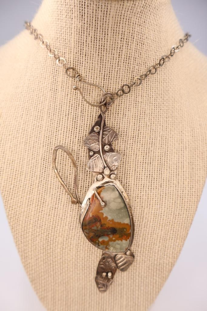 Lovely Large Sterling Silver Jasper Statement Necklace - 3