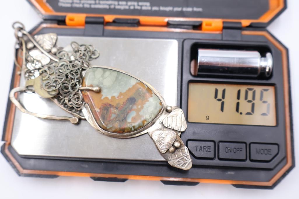 Lovely Large Sterling Silver Jasper Statement Necklace - 8