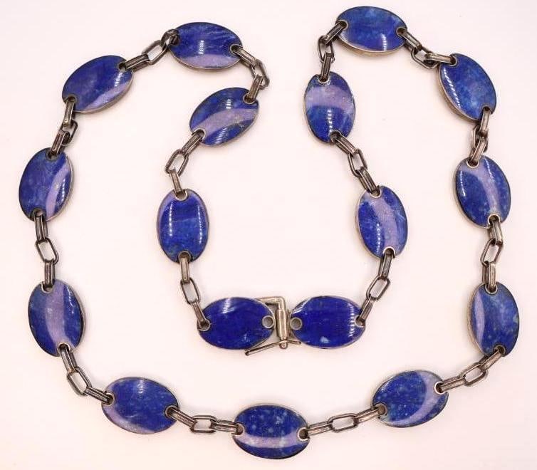 Vintage Large Lapis Lazuli Stone Silver Necklace: Marked with what appears to be 'Plata 950', large lapis lazuli stones in linked chain style necklace