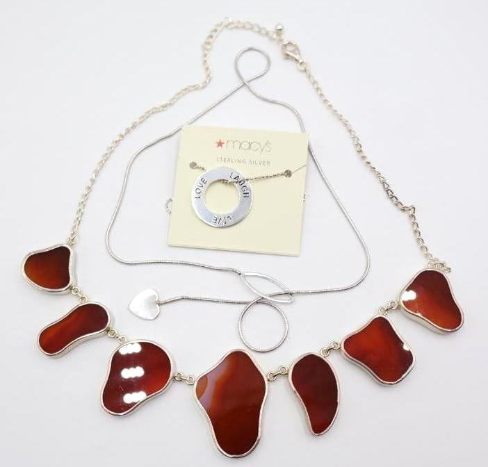 Three Marked Sterling Silver Fashion Necklaces: Large faux stone statement necklace marked 925 on clasp, 925 marked chain and charm 'Live Laugh Love', and heart choker marked 925