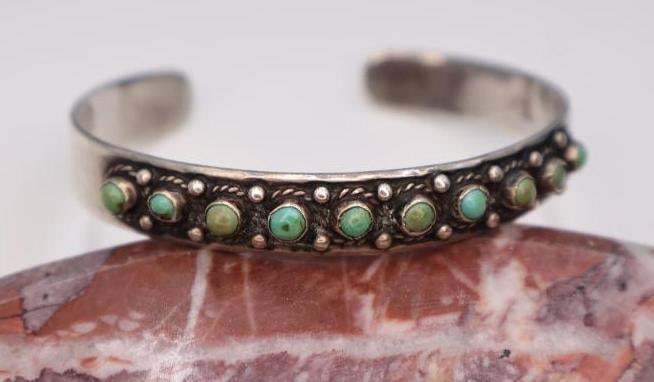Vintage Sterling Silver Turquoise Floral Bracelet & Cuff Set - 3