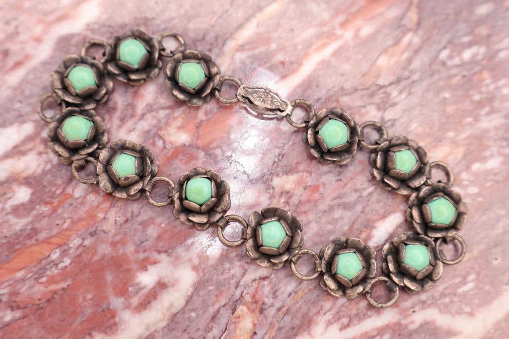 Vintage Sterling Silver Turquoise Floral Bracelet & Cuff Set - 5